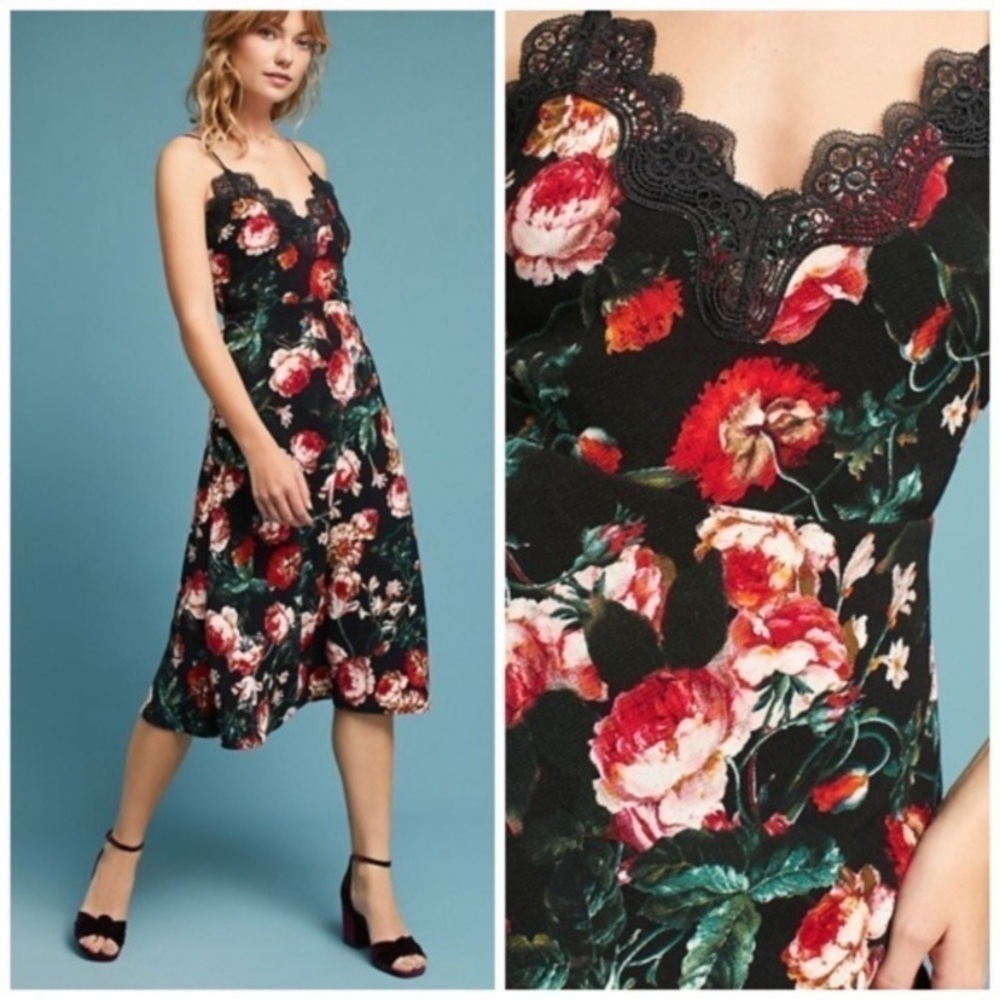 FOXIEDOX strappy midi dress floral print lace detail adjustable straps